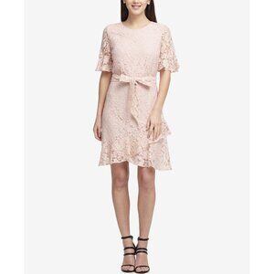 DKNY Blush Pink Lace Ruffle Dress Belted Short Sleeve Size 12 Cocktail Wedding